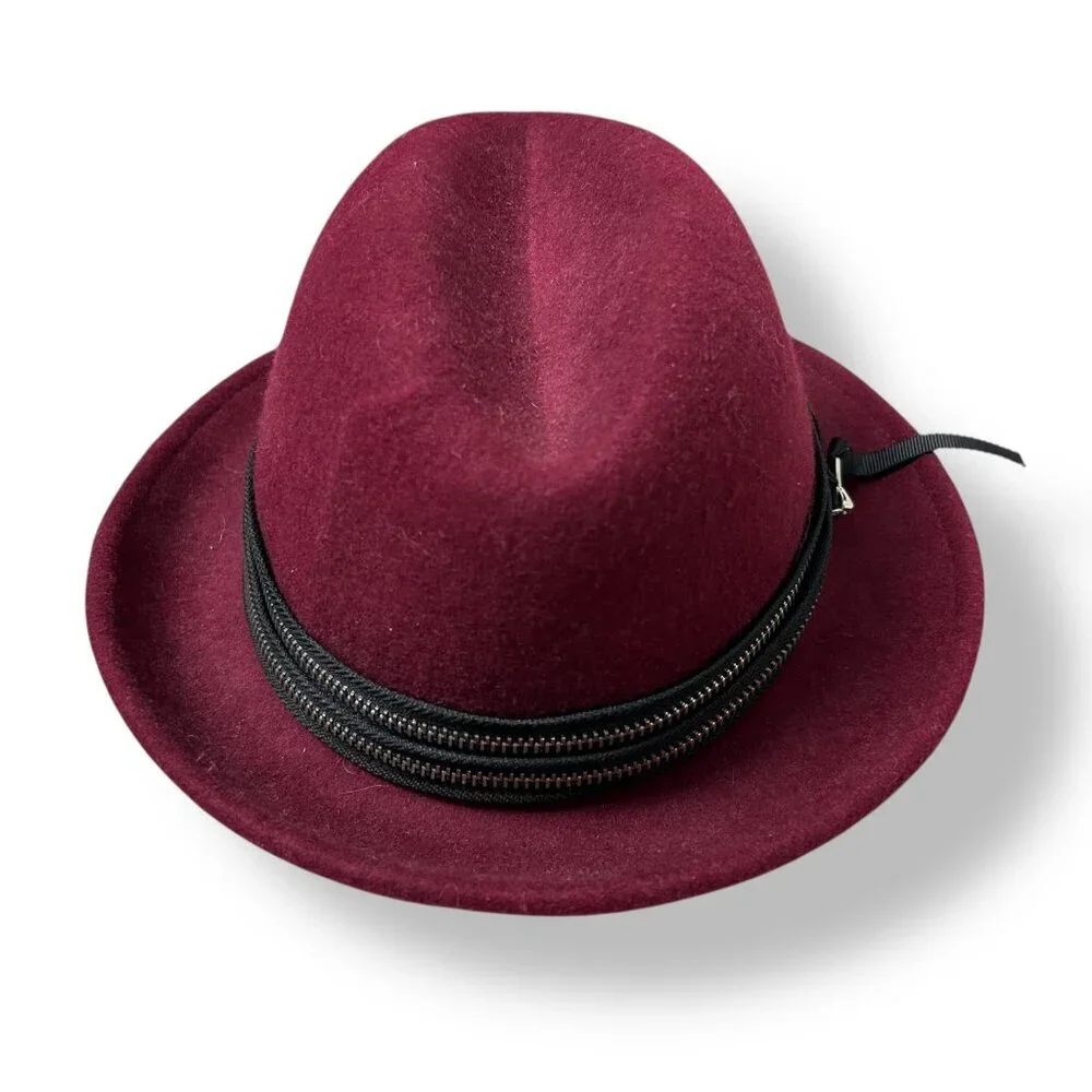 Hatch Womens Hat Burgundy Red Wool Felt with Wrapped Zipper Trim Adjustable OS